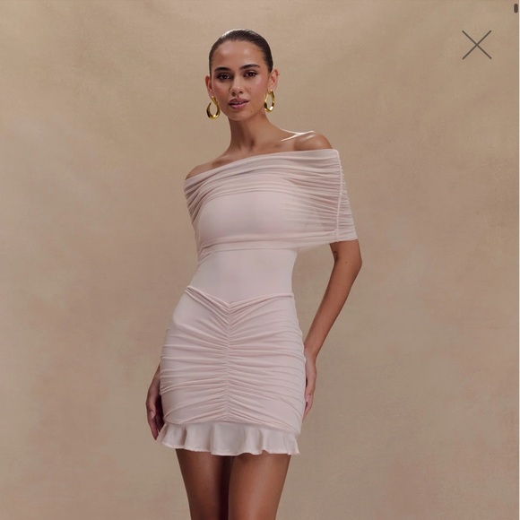 Meshki Off-Shoulder Ruched Cream Mini Dress - Picture 1 of 2
